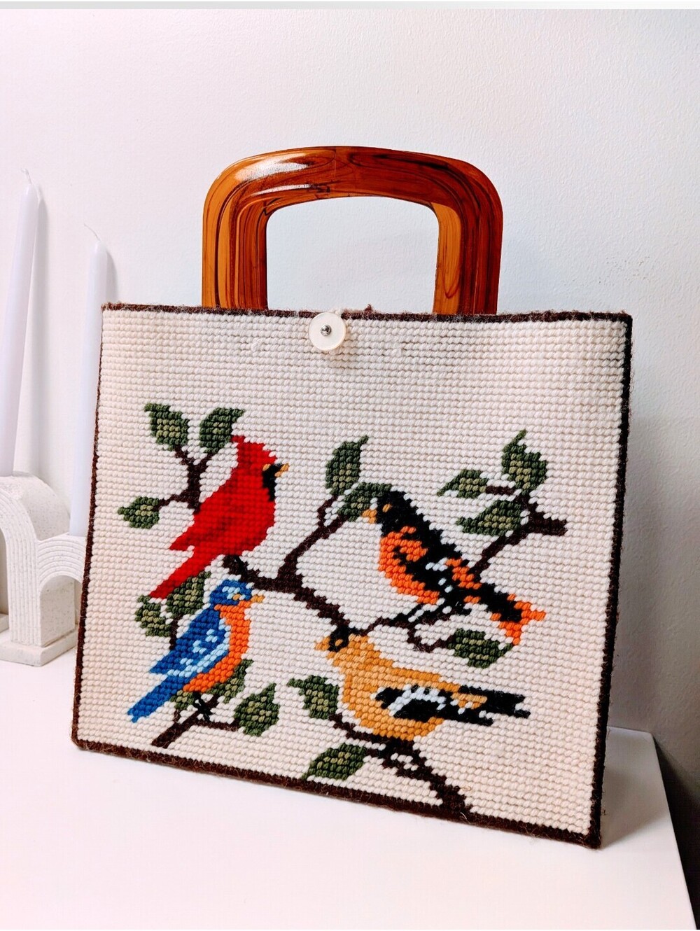 Vintage Boho Plastic Handle Needlepoint Birds on Branches Handbag Purse Grandma